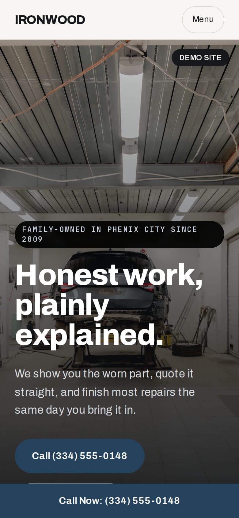 The Ironwood Auto & Tire concept site on a phone