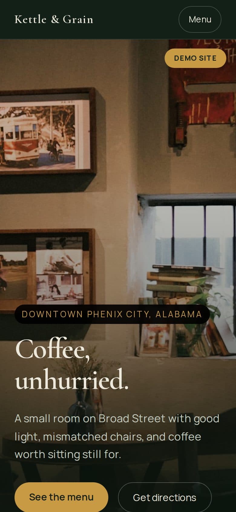 The Kettle & Grain Coffee Co. concept site on a phone