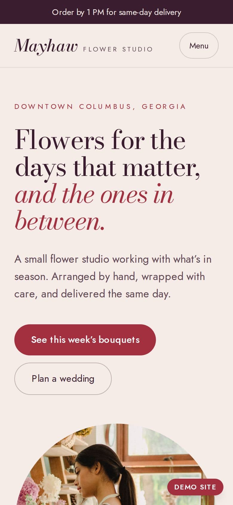 The Mayhaw Flower Studio concept site on a phone